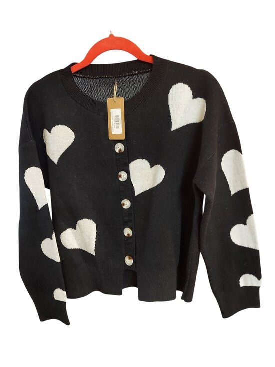 Lemon Sweaters - Lemon Black Sweater With White Hearts Buttoned Sweater Medium New With Tags